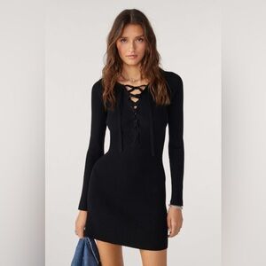 NWT BA&SH Black Ribbed Tie-Front Long Sleeve Willy Dress Medium